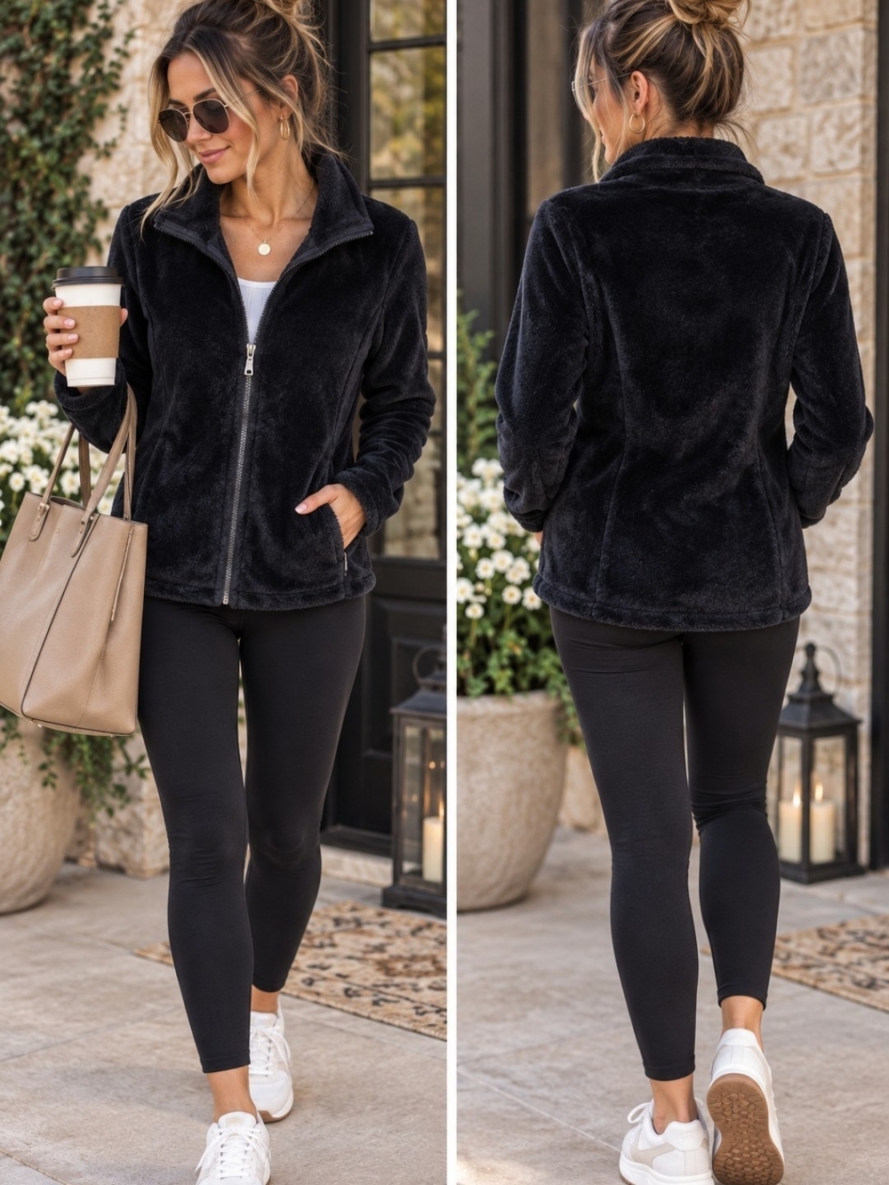 32 HEAT Black Faux Fur Fleece Zip Up Jacket Full Zip Mock Neck S